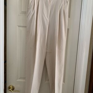 Tan and White Pinstriped High-Waist Pleated Trousers